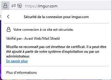 A screenshot of a web browser's security warning page from imgur.com, showing a message in French that the connection is…