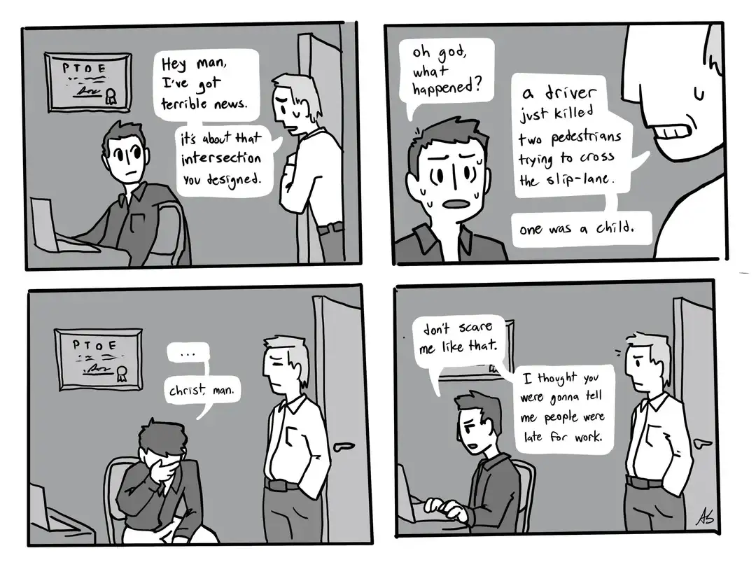 A four-panel black-and-white comic depicts a man in a suit delivering terrible news to another man in an office. The first…