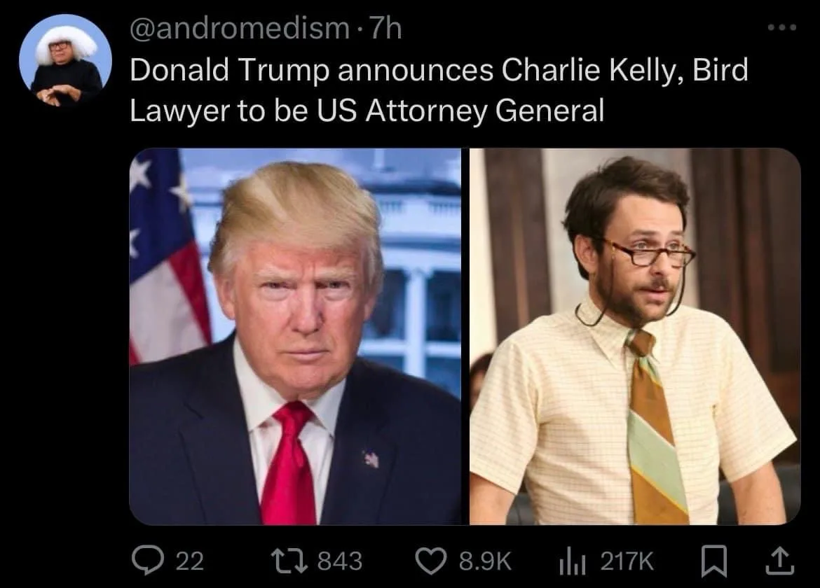 The image is a split-screen meme showing Donald Trump on the left in a suit with an American flag behind him, and Charlie…
