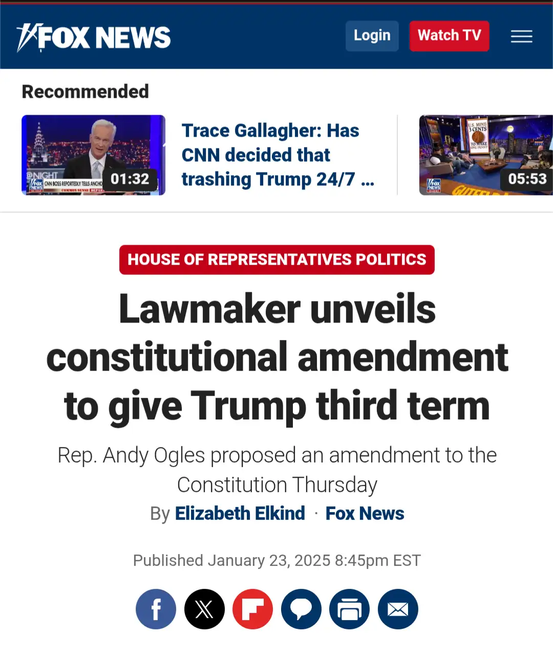 A screenshot of a Fox News article with the headline 'Lawmaker unveils constitutional amendment to give Trump third term'…