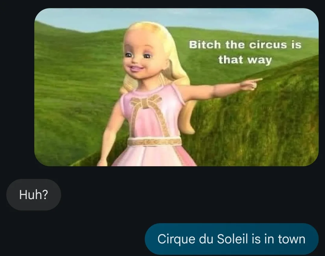 A cartoon blonde girl in a pink dress points right while text above her reads 'Bitch the circus is that way'. Below, a chat…