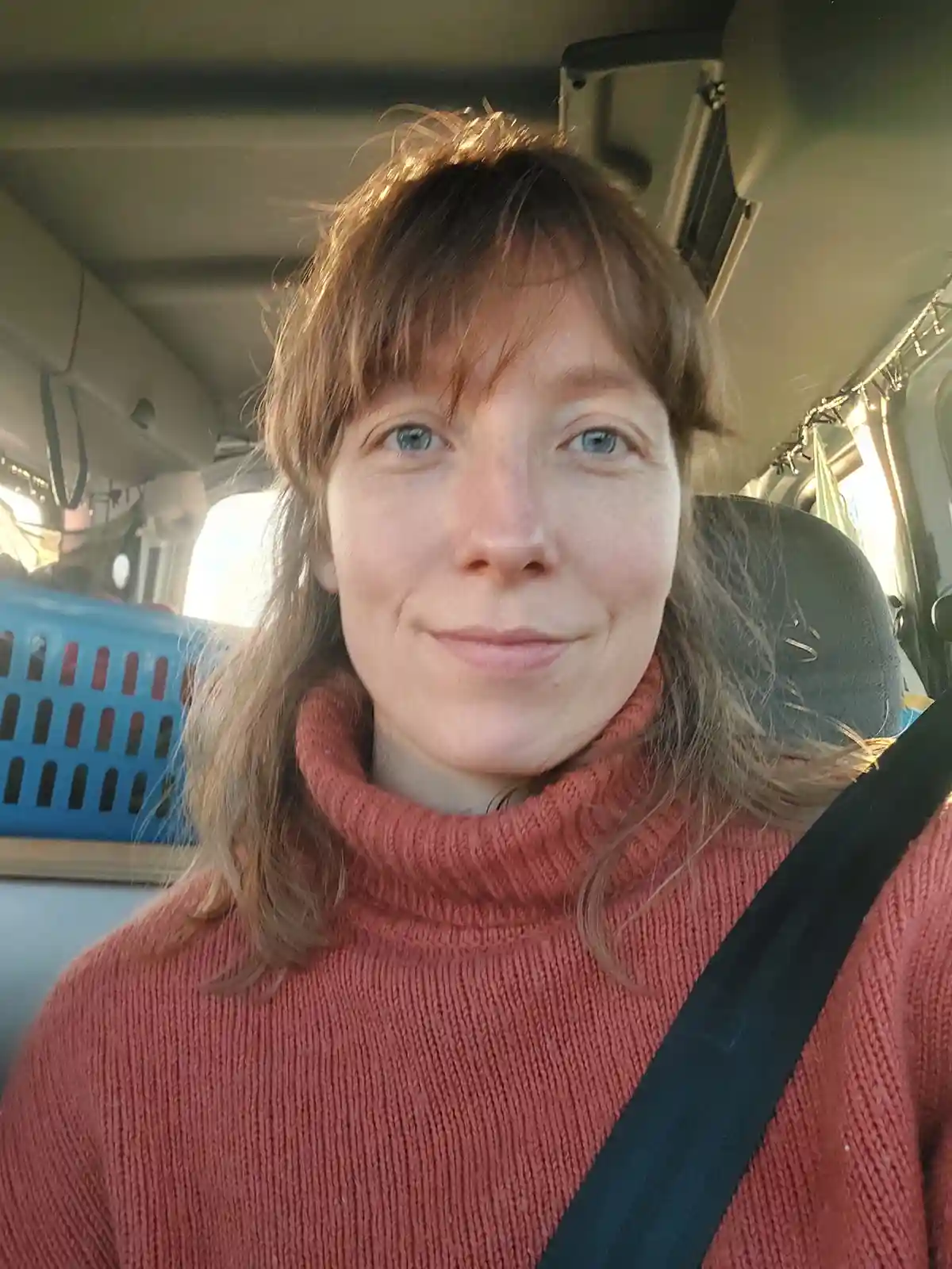 A person with light brown hair and blue eyes, wearing a pink turtleneck sweater and a seatbelt, takes a selfie inside a…