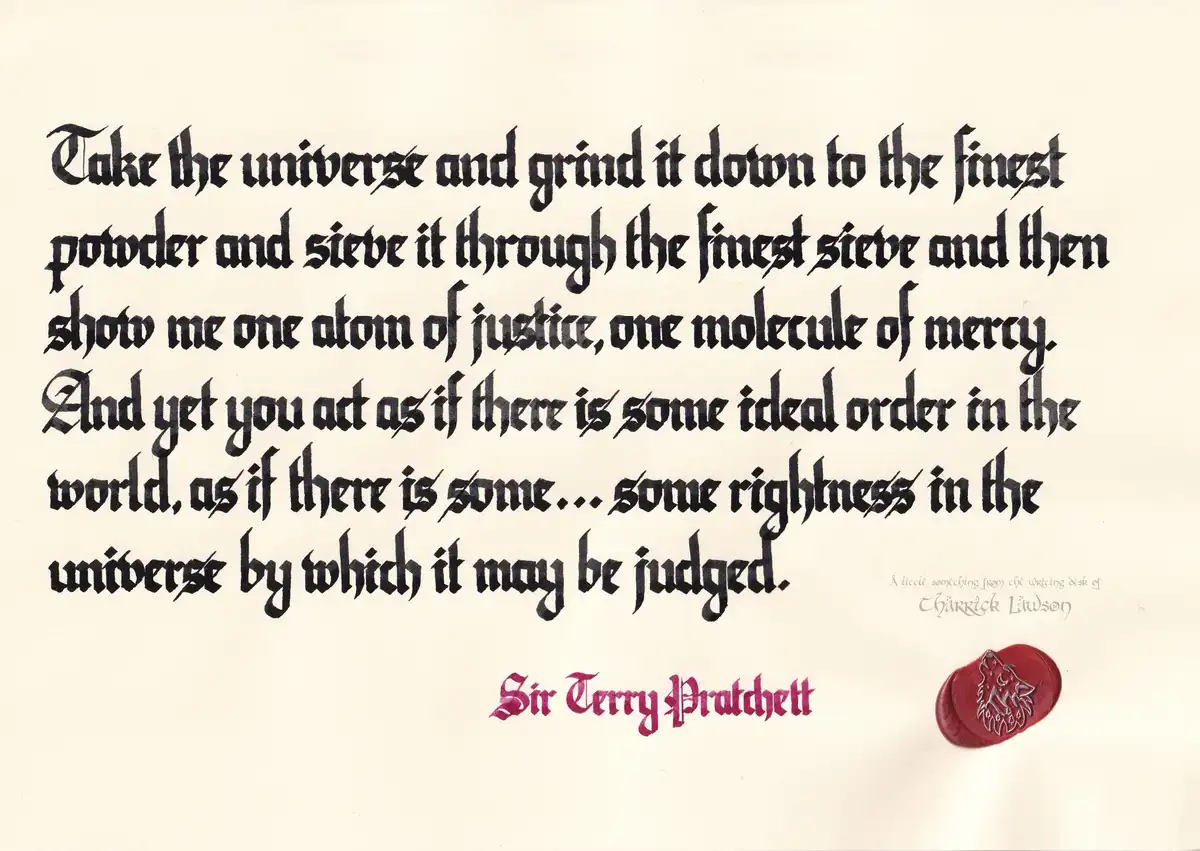 The image displays a quote in ornate blackletter font on a cream-colored background, attributed to 'Sir Terry Pratchett' in…