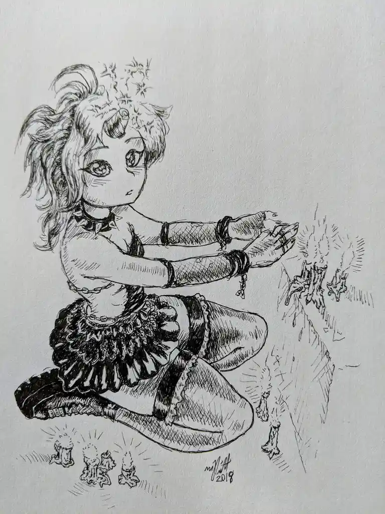 A black-and-white ink drawing shows a chibi-style anime girl with messy hair and a unicorn horn, kneeling and reaching out…