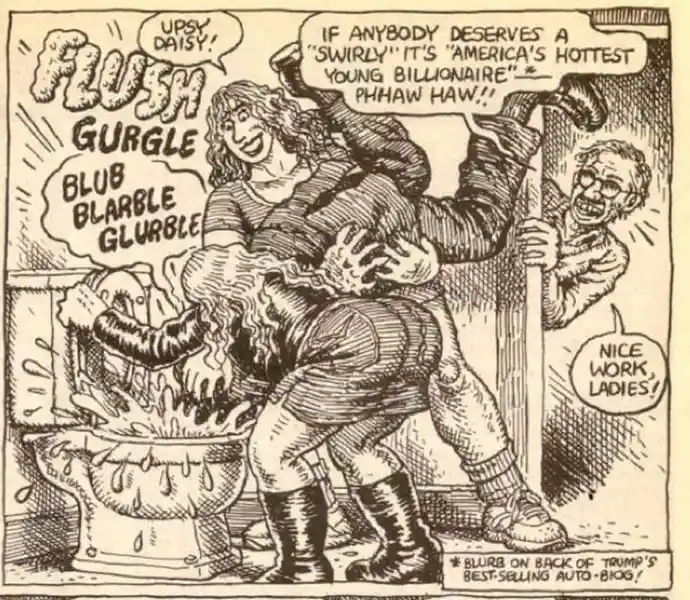 A black-and-white comic panel shows a woman flushing a toilet while a man in a suit watches from behind a door. The toilet…