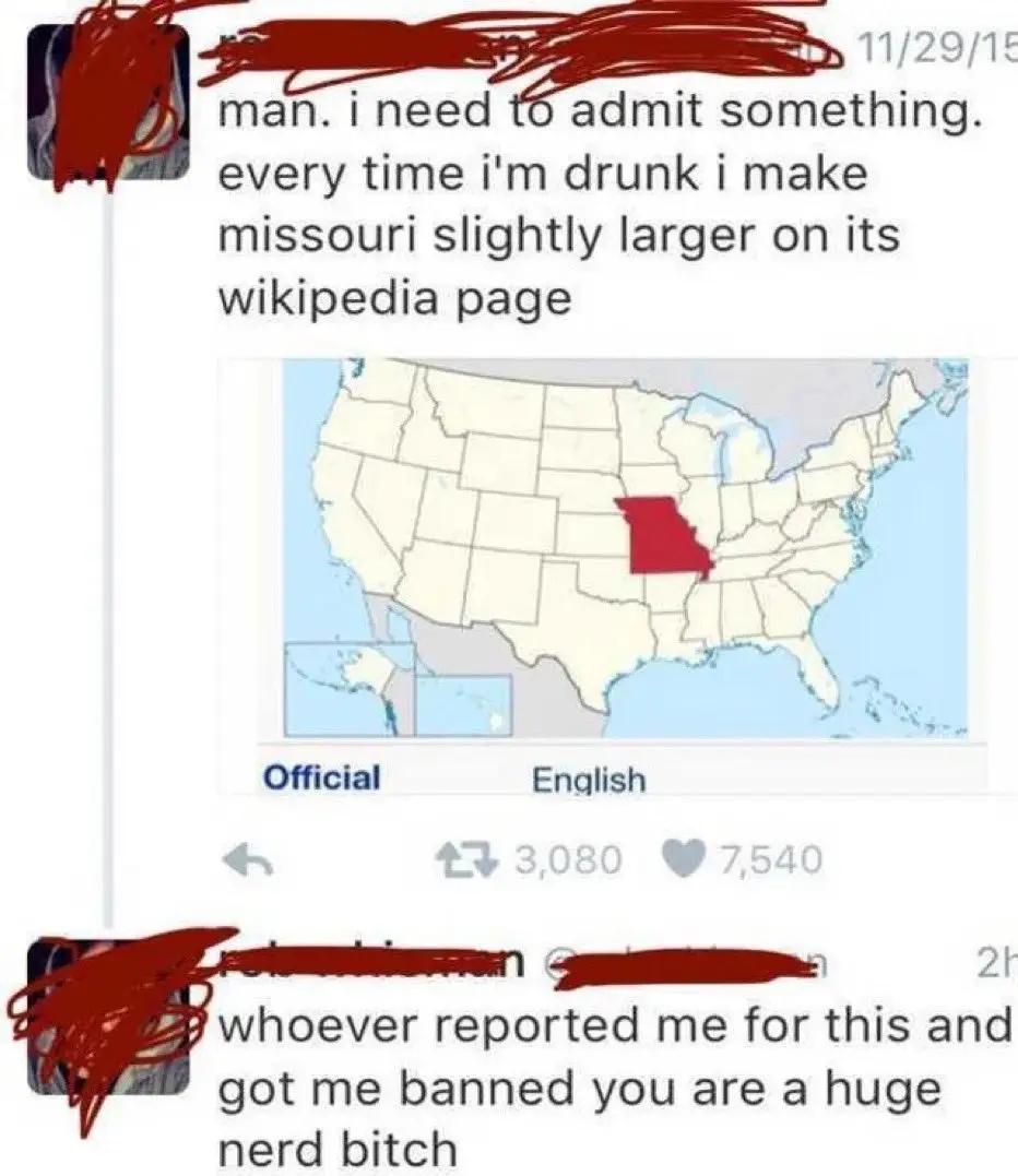 A screenshot of a Facebook post showing a user admitting they edit Wikipedia to slightly enlarge Missouri's map when drunk…