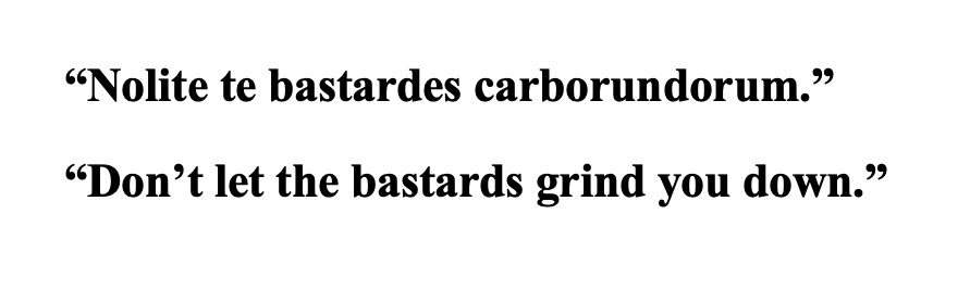 The image displays two lines of black text on a plain white background. The top line reads 'Nolite te bastardes…