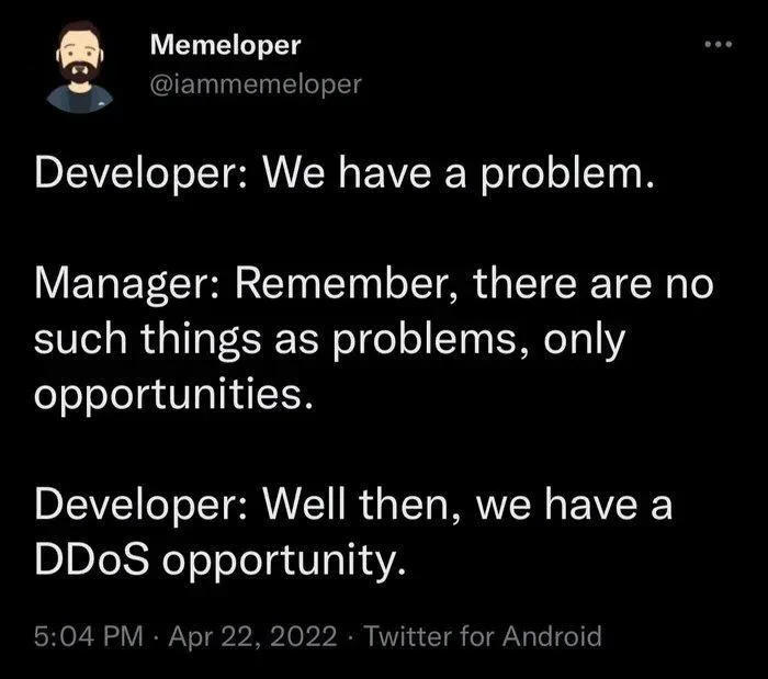 A screenshot of a Twitter post by user Memeloper showing a three-part dialogue. The developer reports a problem, the manager…