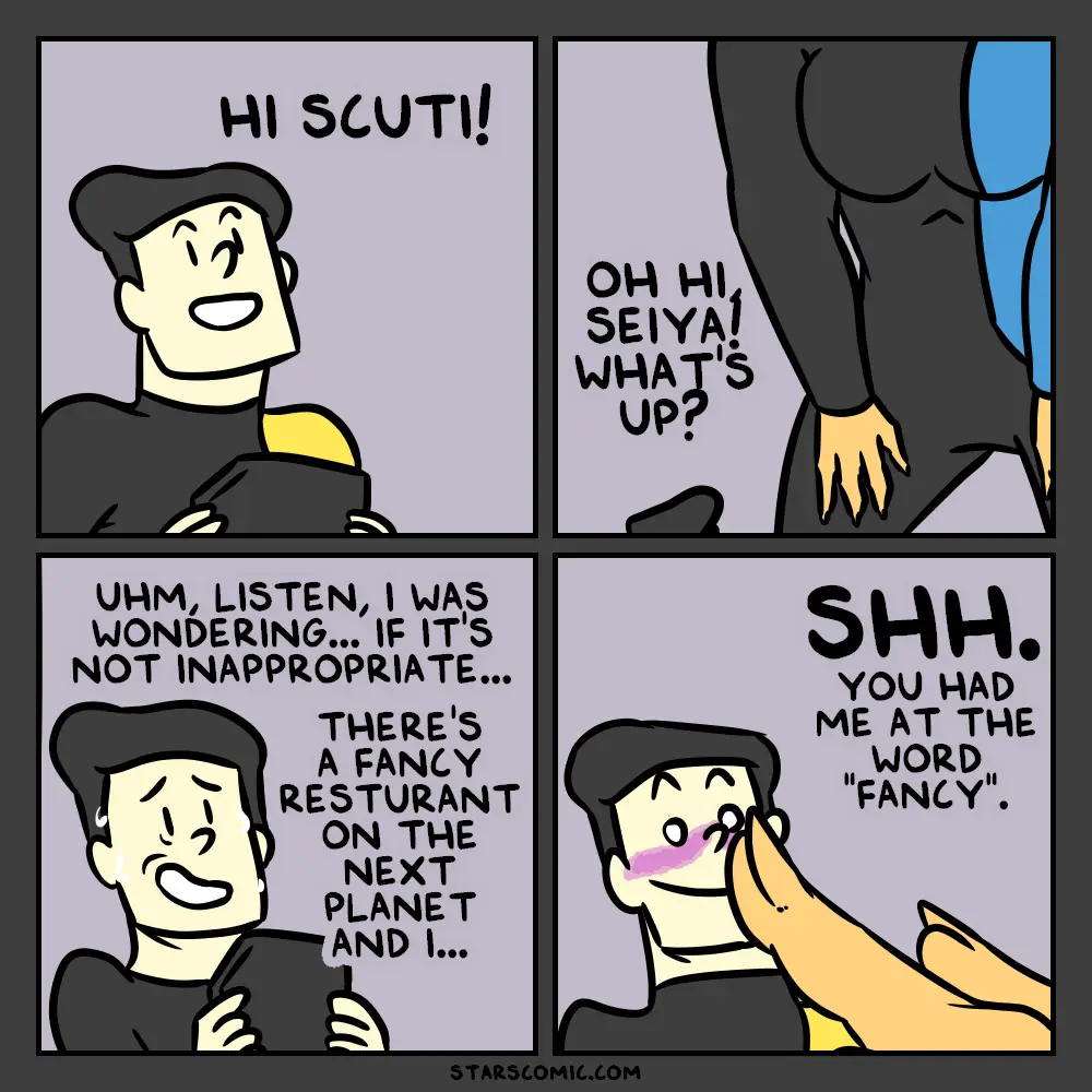 A four-panel comic strip shows a man nervously inviting a woman to a fancy restaurant on another planet, but she immediately…