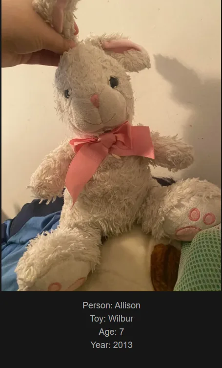 A close-up photo shows a hand gently holding the top of a fluffy white stuffed rabbit toy with pink ears and a pink ribbon…