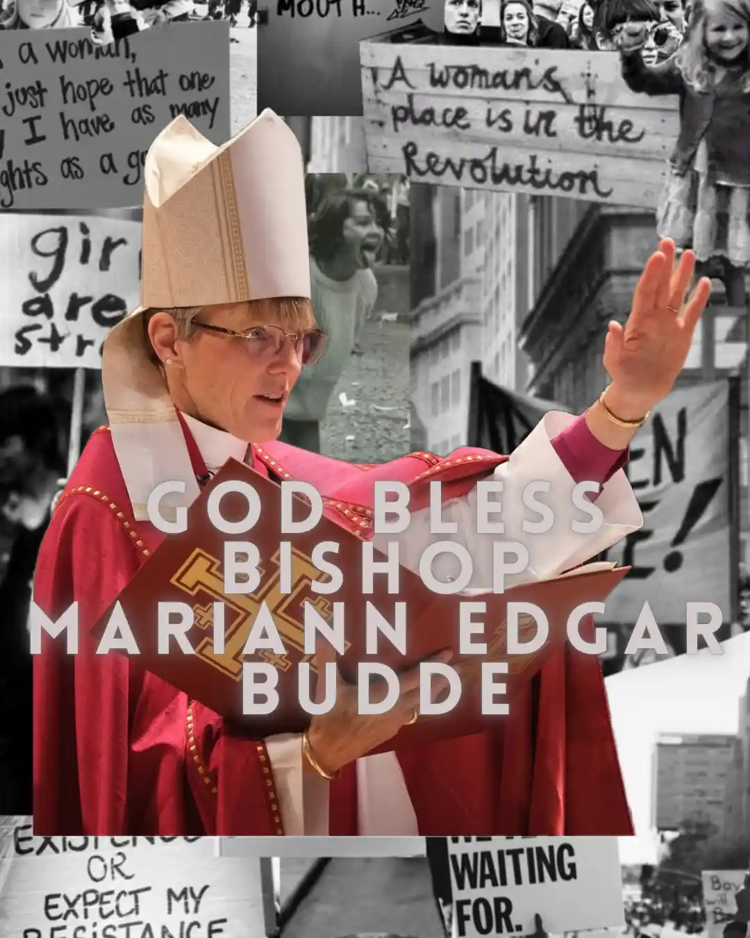 A composite image features Bishop Mariann Edgar Budde, a woman in red clerical robes and a white bishop's mitre, holding a…