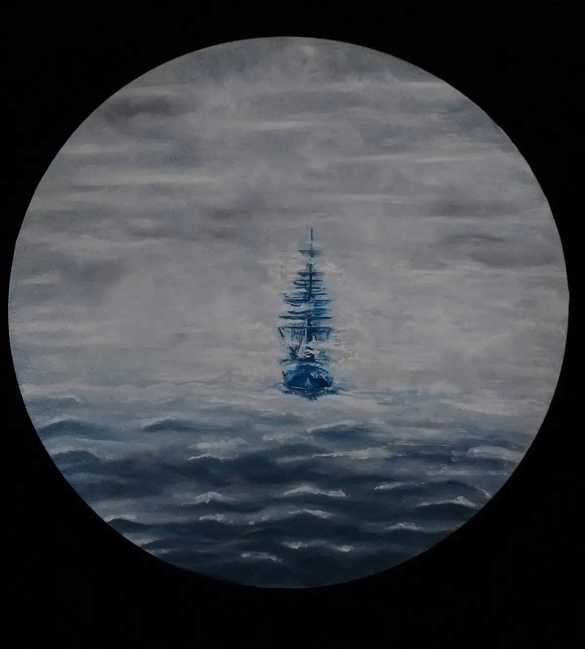 A circular painting depicts a lone, dark-hulled sailing ship with multiple masts navigating choppy, gray-blue waters under…