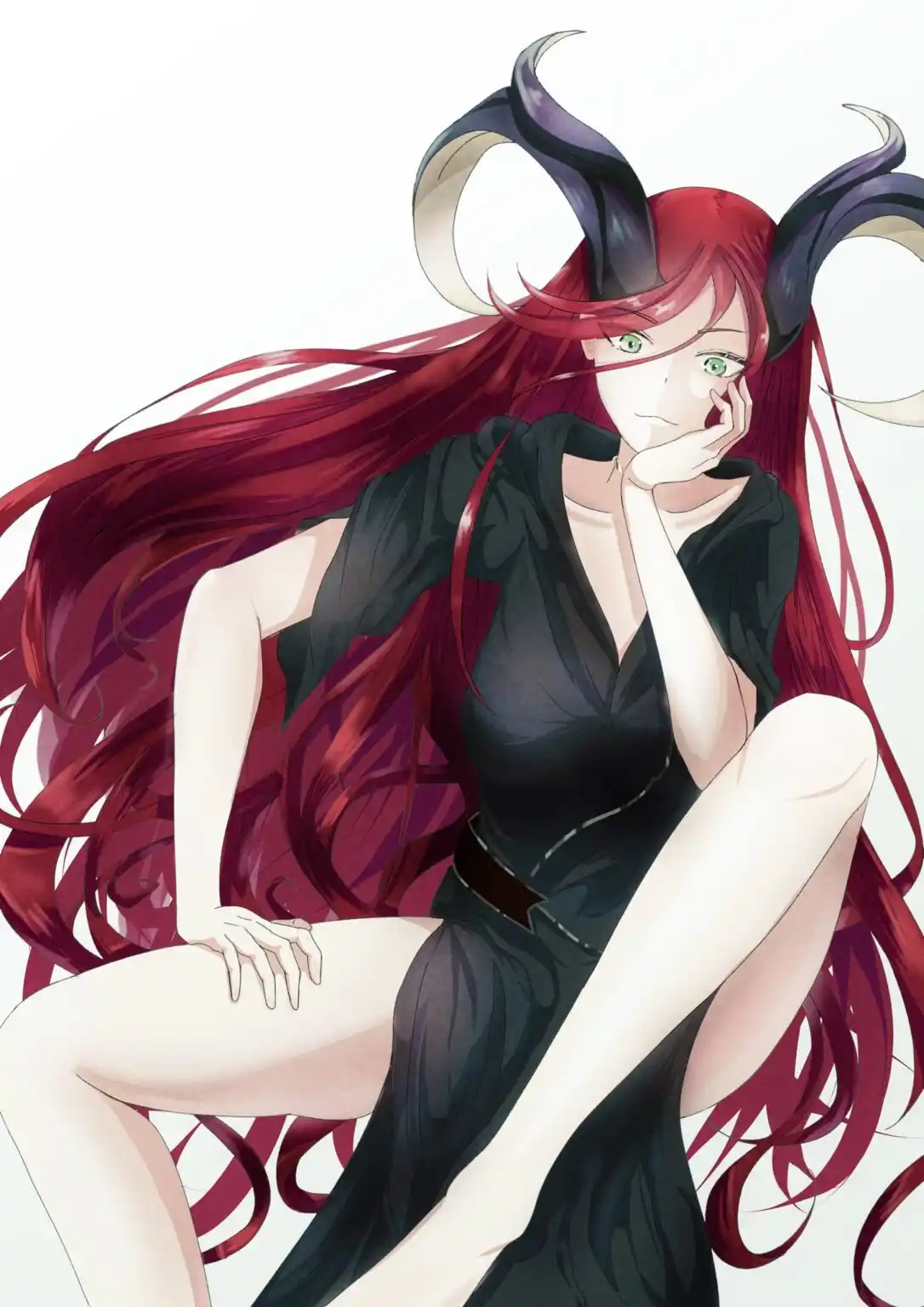An anime-style illustration of a woman with long red hair, green eyes, and large black-and-white horns, wearing a black…