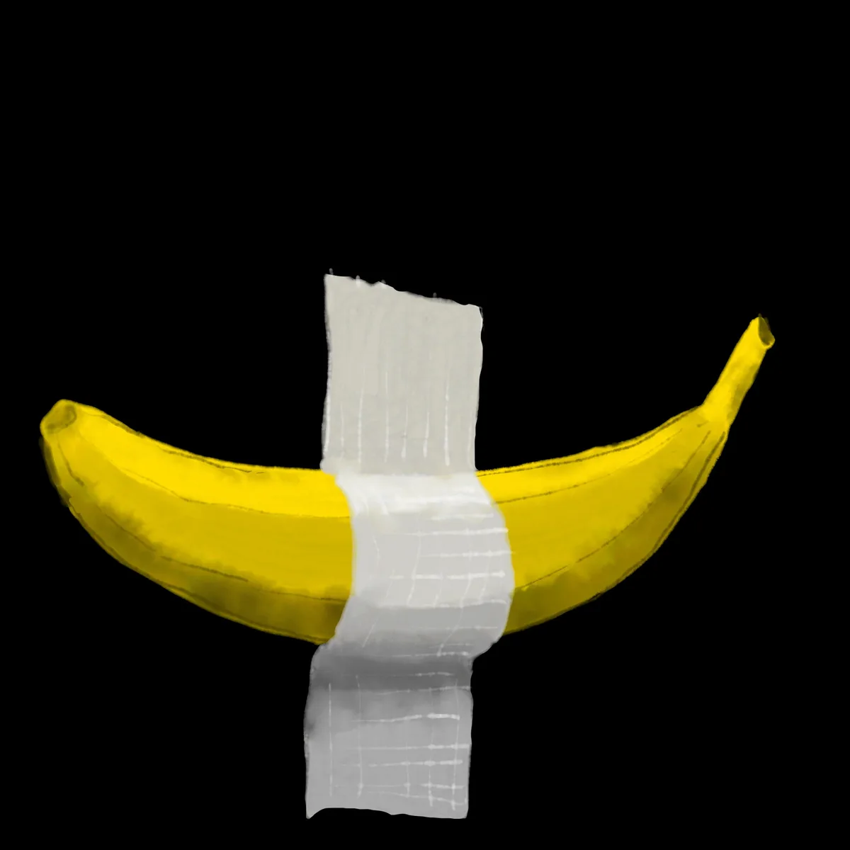 A cartoon-style yellow banana is shown against a black background, with a piece of white duct tape wrapped around its…