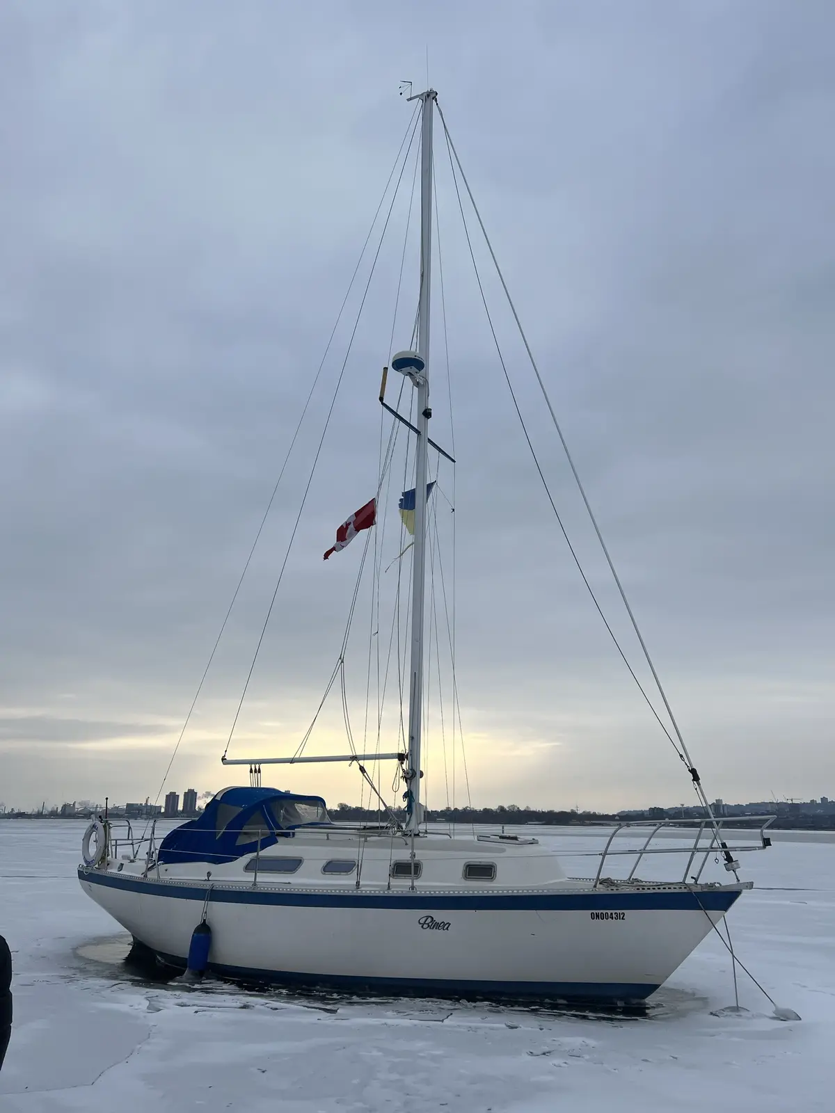 A white sailboat with blue trim named 'Binea' is stuck in a frozen lake, surrounded by snow and ice, with a Canadian flag…
