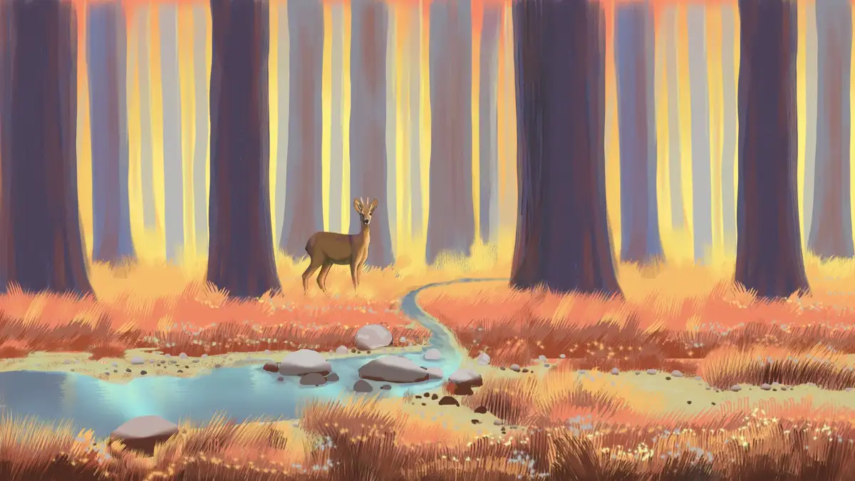 A stylized illustration of a deer standing in a forest with tall trees and a winding stream, overlaid with the text 'i'm not…