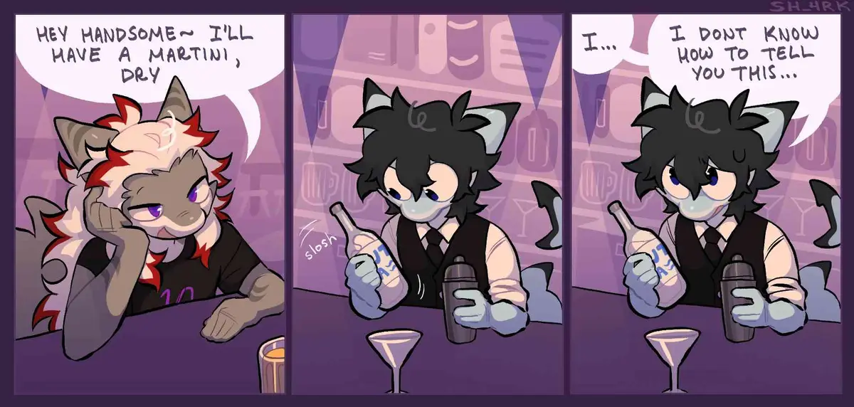 A three-panel comic shows an anthropomorphic cat ordering a martini, dry, from a bartender who is visibly struggling to make…