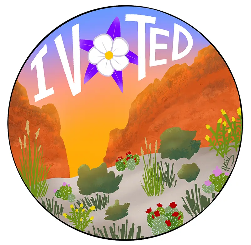 A circular desert landscape illustration with orange rock formations, green cacti, and wildflowers under a gradient sky. The…