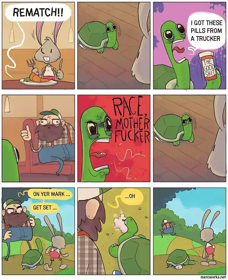 A six-panel comic strip shows a rabbit demanding a rematch after a race. The turtle, initially nervous, claims to have…