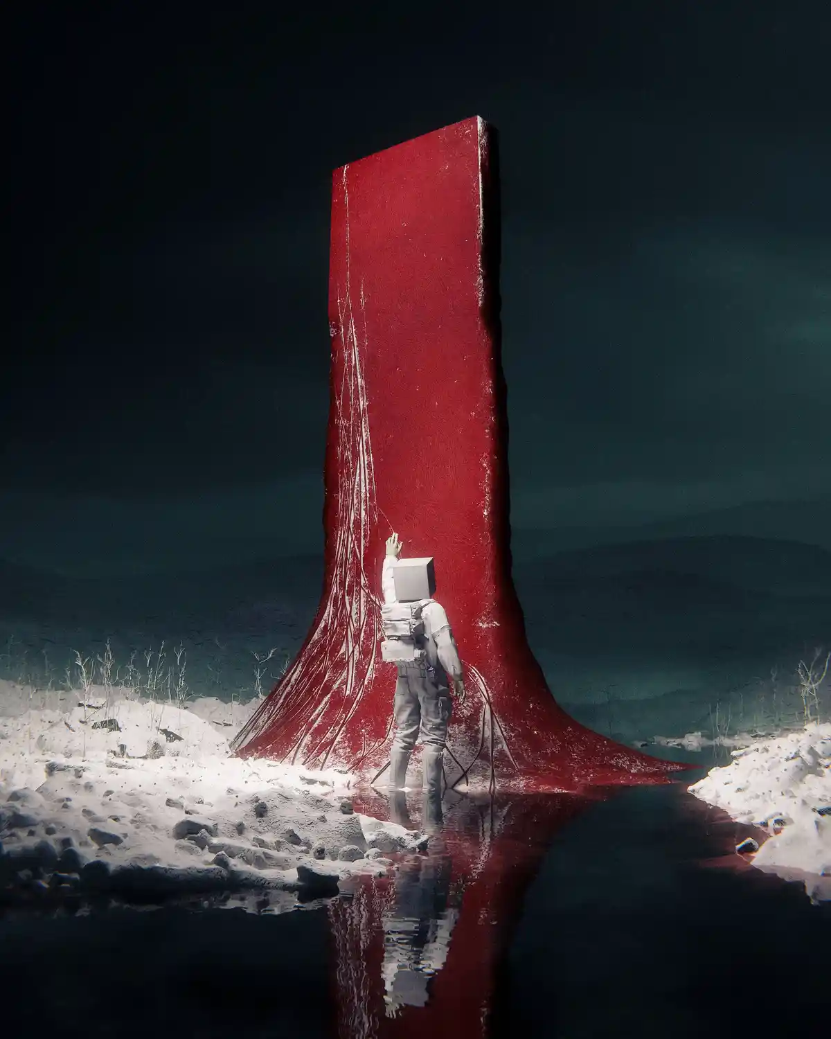 An astronaut in a white suit stands in shallow water, facing a towering, blood-red monolith that drips down its sides. The…