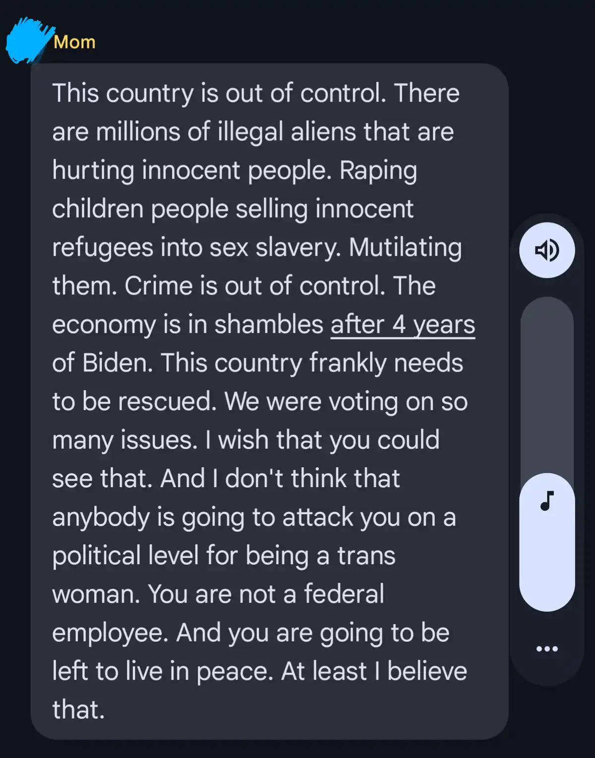 A screenshot of a text message from 'Mom' with a dark background and white text, containing a long, emotionally charged…
