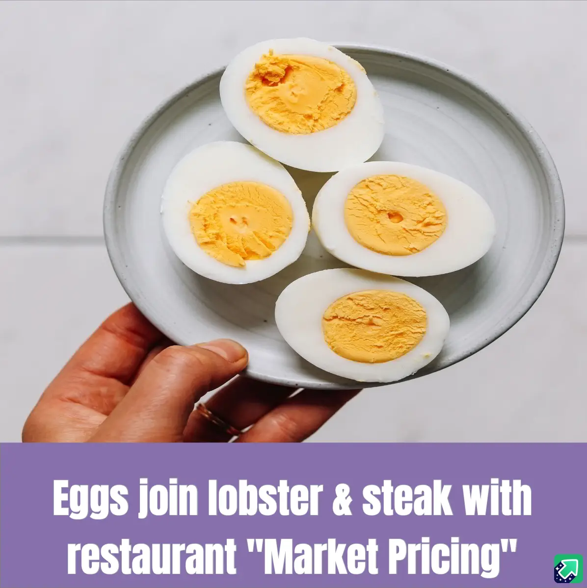 A hand holds a small plate with four hard-boiled eggs, each cut in half to show the yellow yolks. The image has a purple…