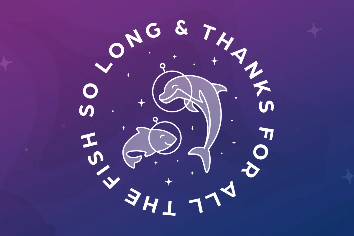 A purple and blue gradient background with two cartoon dolphins wearing astronaut helmets, surrounded by stars and the text…