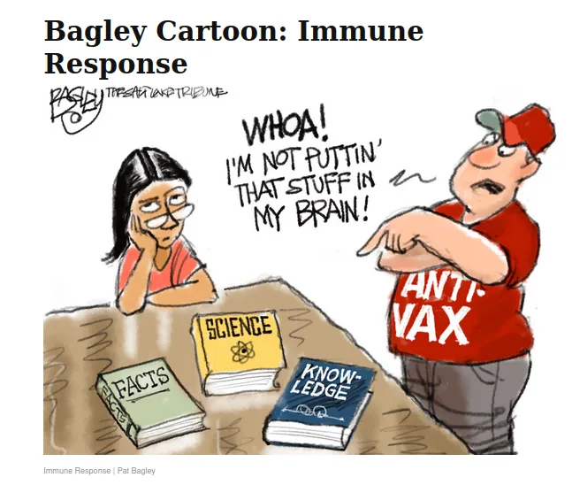 A cartoon depicts a man in an 'ANTI-VAX' t-shirt angrily pointing at a woman who is resting her head on her hand, looking…