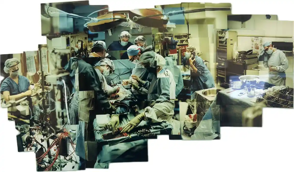 A collage of multiple photos showing surgeons in operating rooms, wearing scrubs, masks, and caps, focused on procedures…