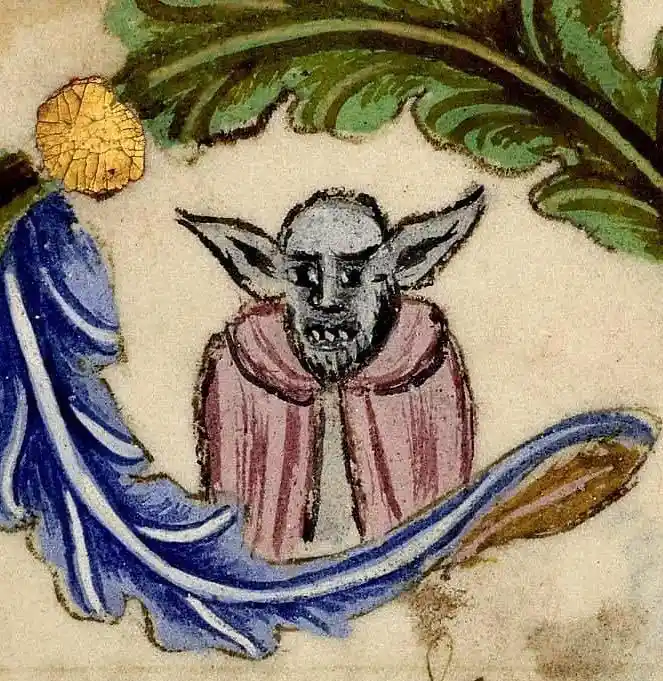 An old, hand-drawn illustration shows a goblin-like creature with large pointed ears, a grumpy expression, and a pink robe…