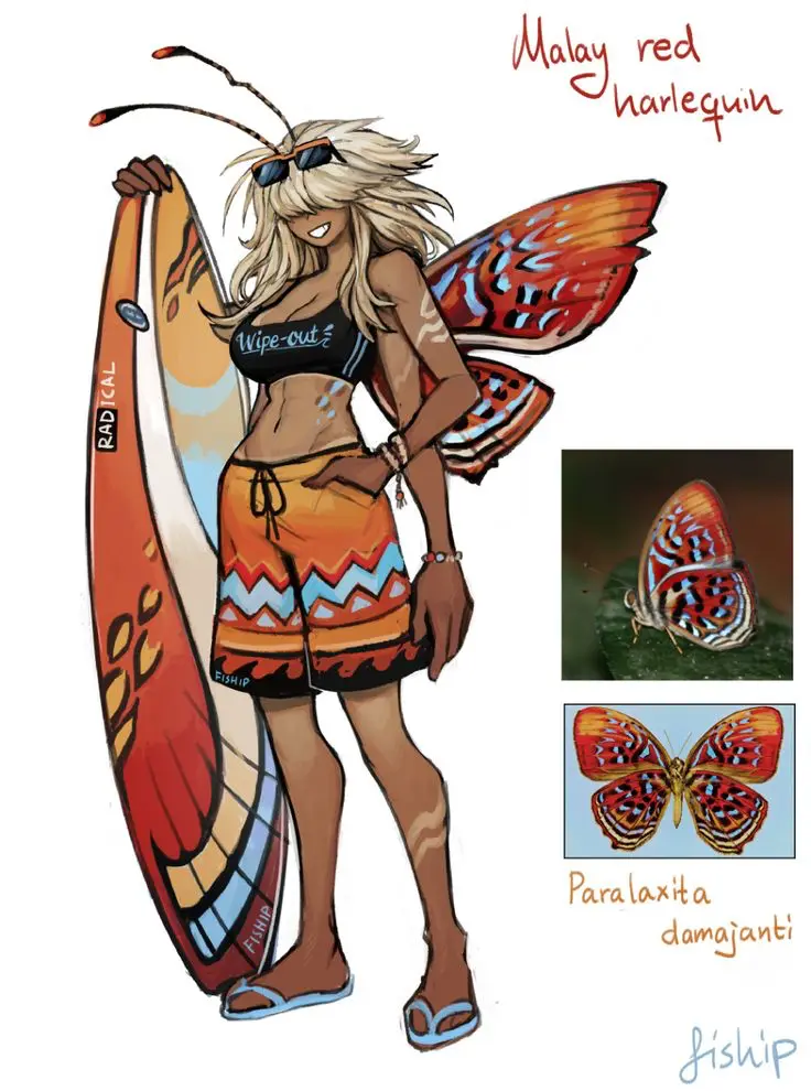 A cartoon illustration of a woman with butterfly wings and antennae, wearing a bikini top that says 'Wipe-out' and holding a…