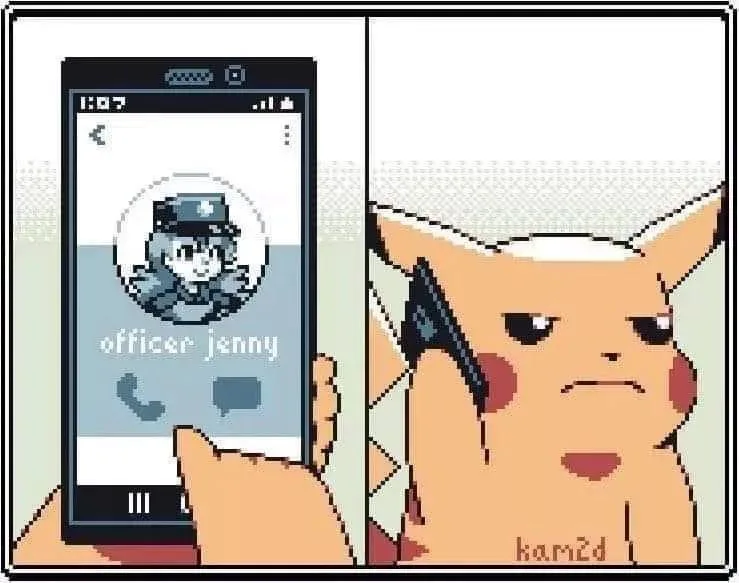 A pixel-art image shows a hand holding a smartphone displaying a call from 'officer jenny', a character in a police uniform…
