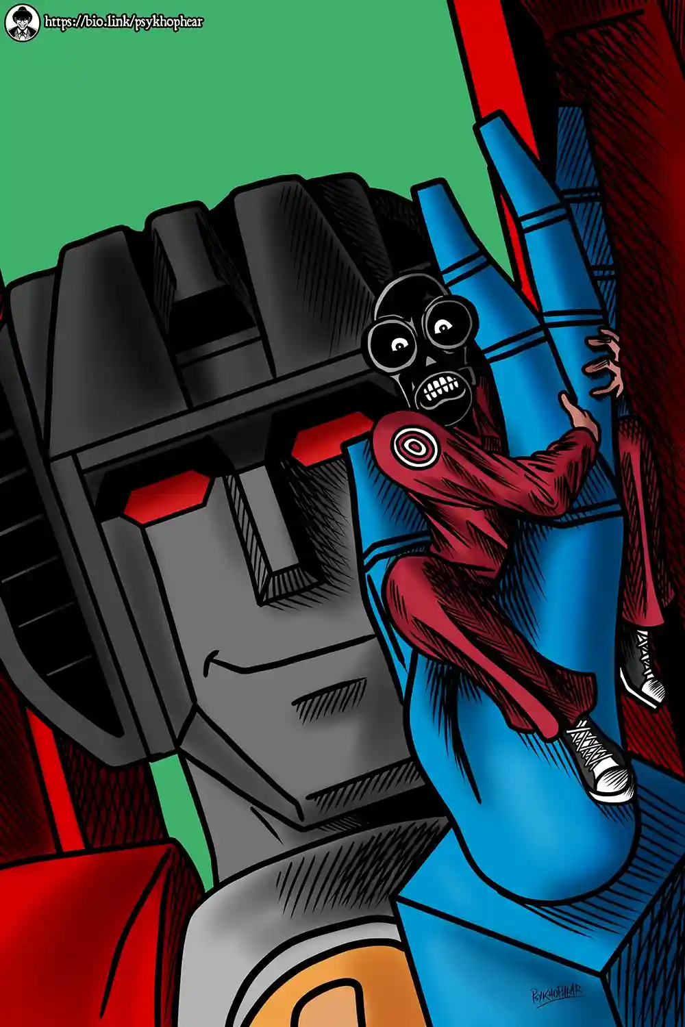 A cartoon-style illustration shows a small, terrified character with a black mask, wide eyes, and a grimacing mouth…