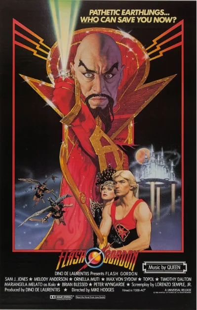 A movie poster for 'Flash Gordon' featuring a large, menacing purple-skinned villain with a red cape and lightning bolts…