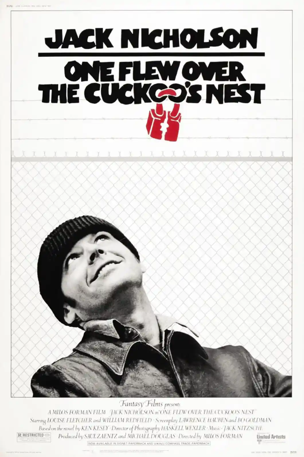 This is a black-and-white movie poster for 'One Flew Over the Cuckoo's Nest' starring Jack Nicholson, featuring his…