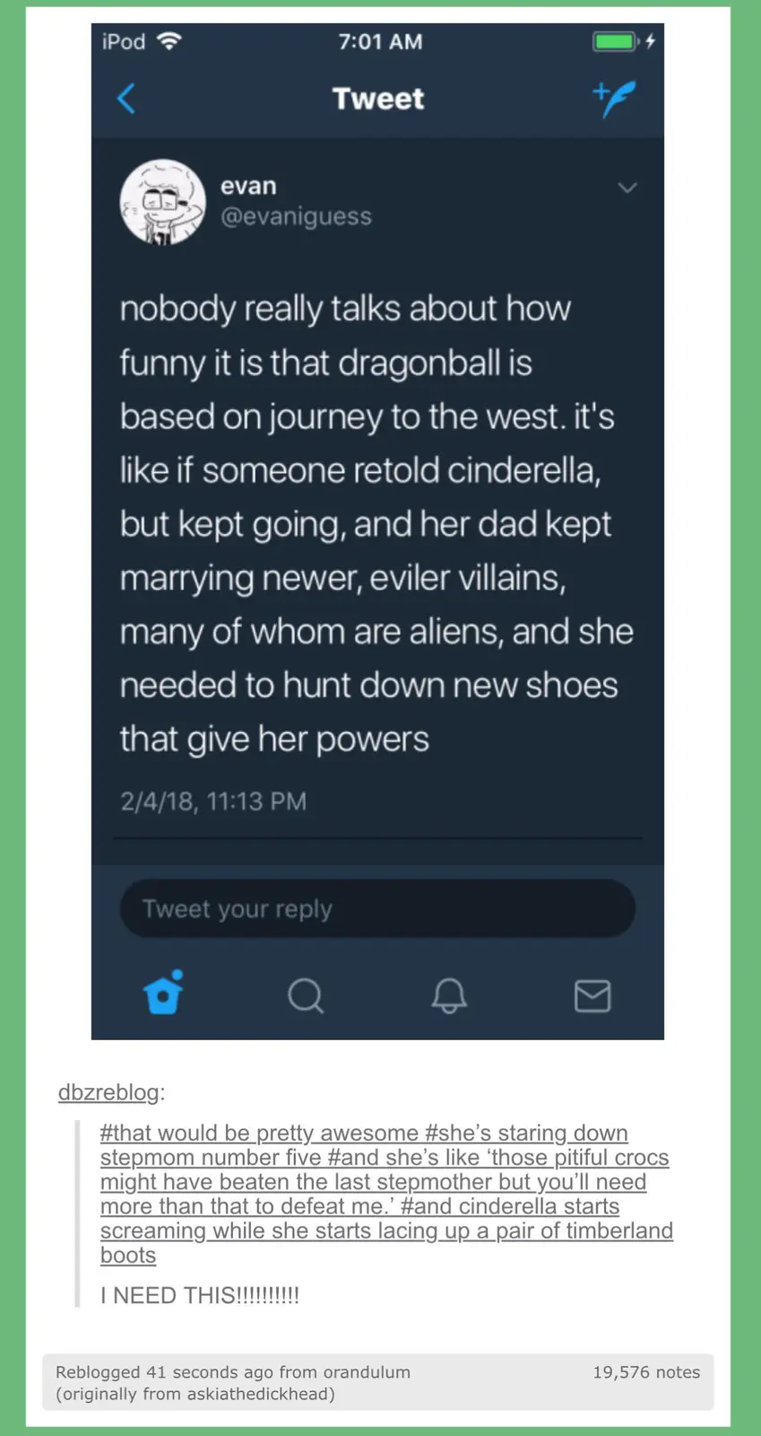 A screenshot of a tweet from user 'evan' (@evaniguess) on an iPod interface, showing a dark-themed Twitter app with the…