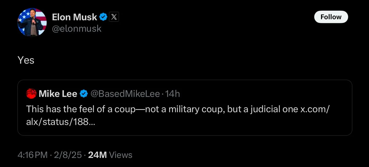 A screenshot of an X (formerly Twitter) post by Elon Musk, who simply replies with the word 'Yes' to a tweet from Mike Lee…