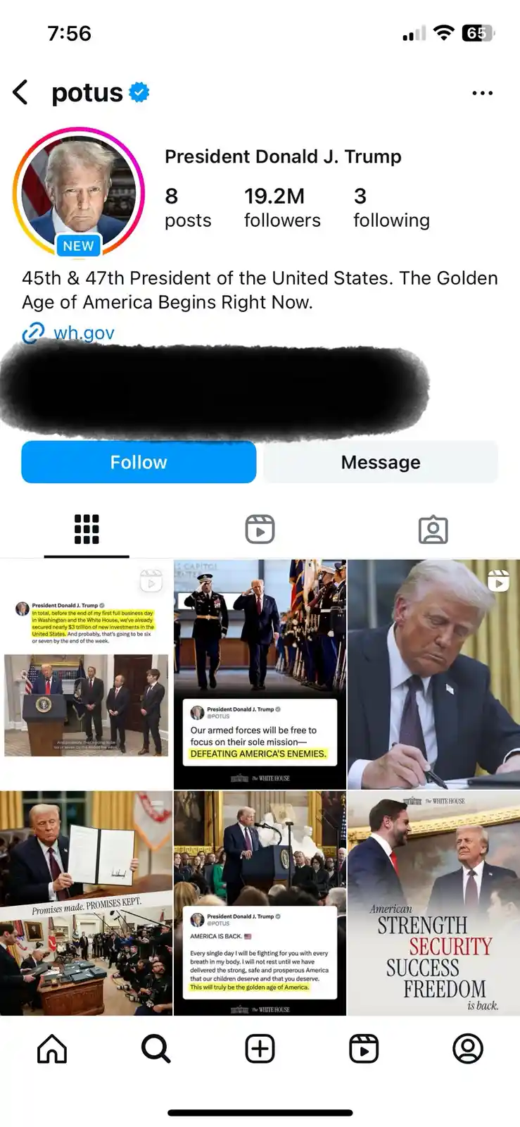 An Instagram profile page for 'potus' (President Donald J. Trump) showing 8 posts, 19.2M followers, and 3 following. The…
