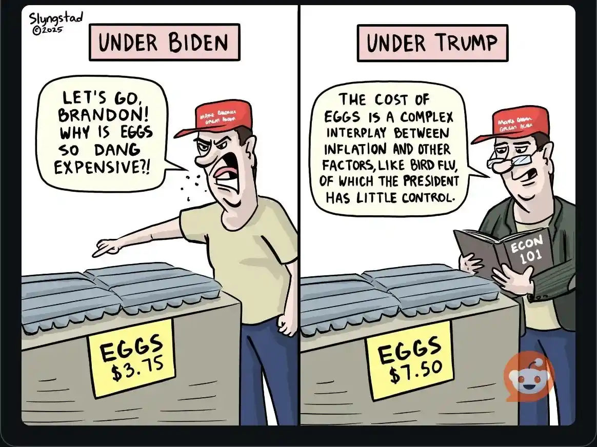 A two-panel comic strip by Slyngstad from 2015 shows a man in a red 'MAKE AMERICA GREAT AGAIN' cap reacting to egg prices…