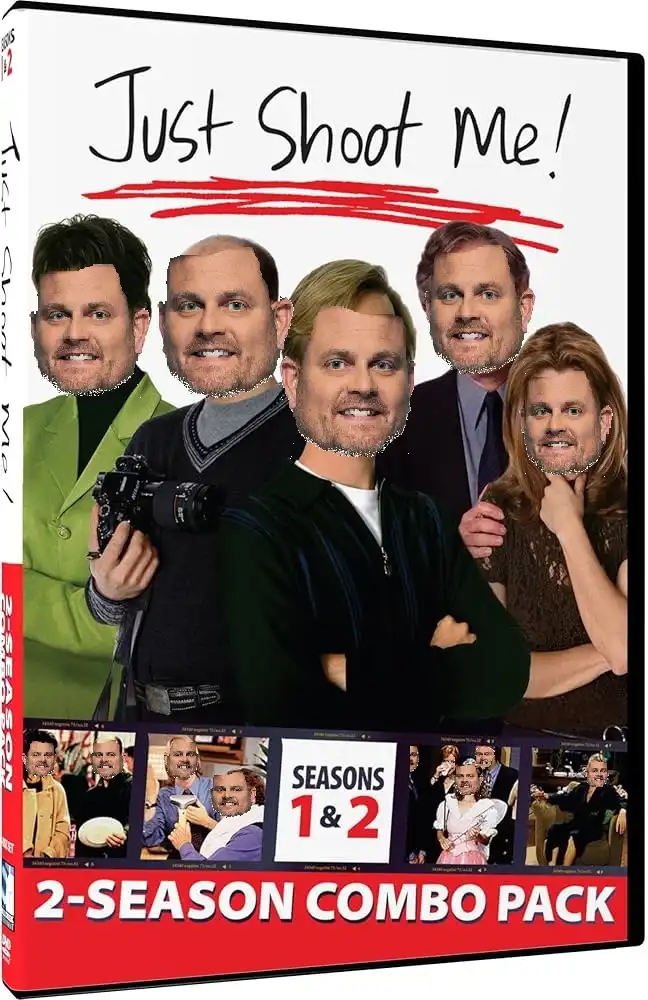 A DVD cover for the TV show 'Just Shoot Me!' is edited to show multiple cutouts of actor Mike Myers superimposed over the…