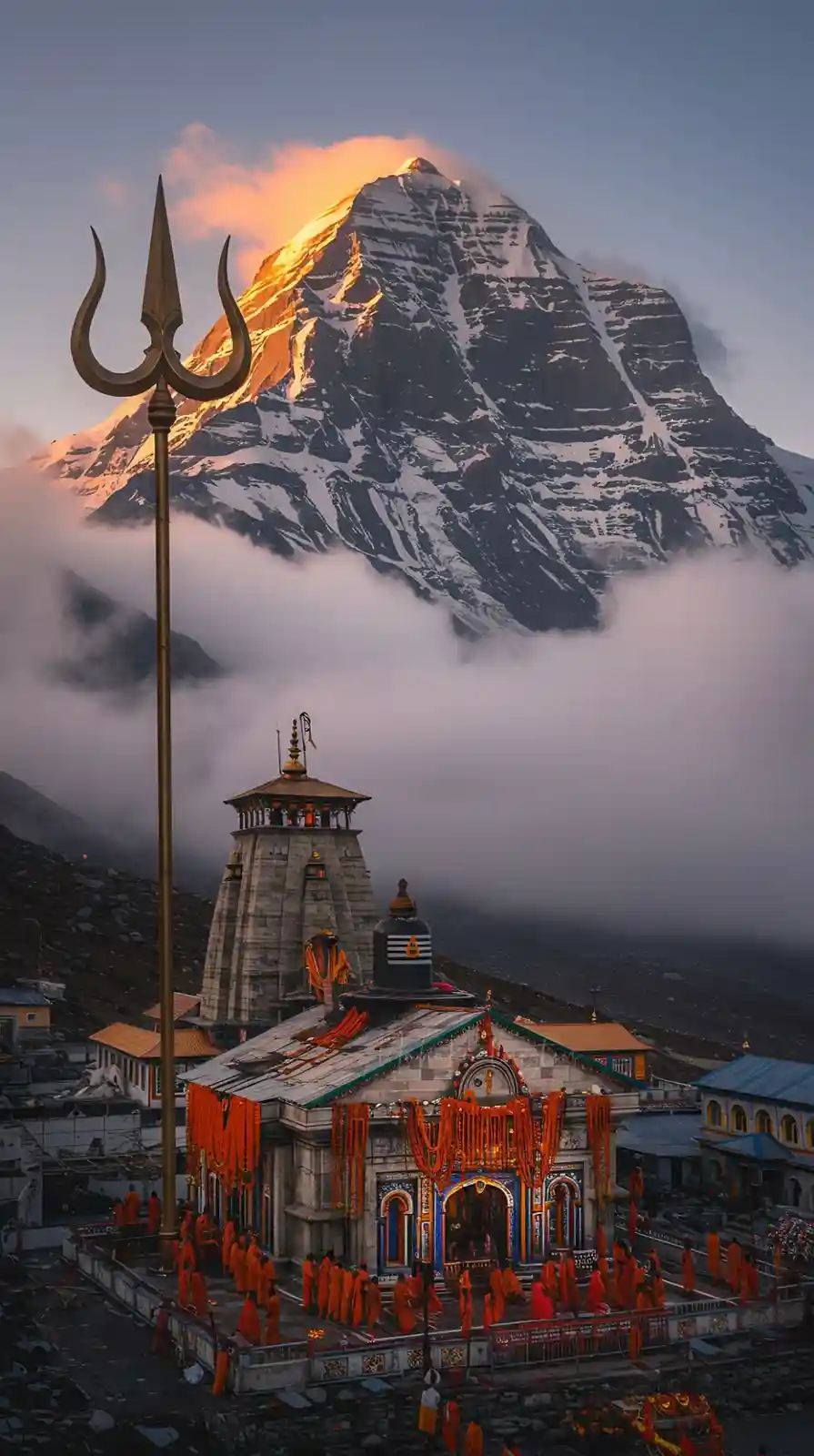 A majestic mountain peak, partially covered in snow and bathed in golden sunrise light, rises above a sea of clouds. In the…
