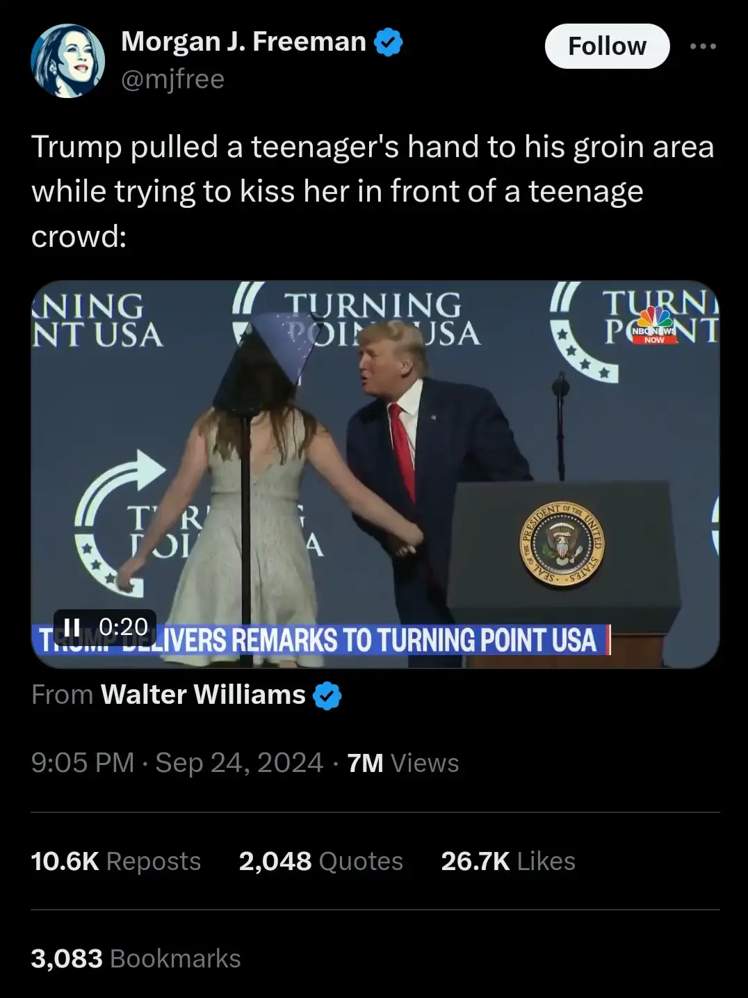A screenshot of a Twitter post by Morgan J. Freeman showing a video clip of Donald Trump holding a teenager's hand near his…