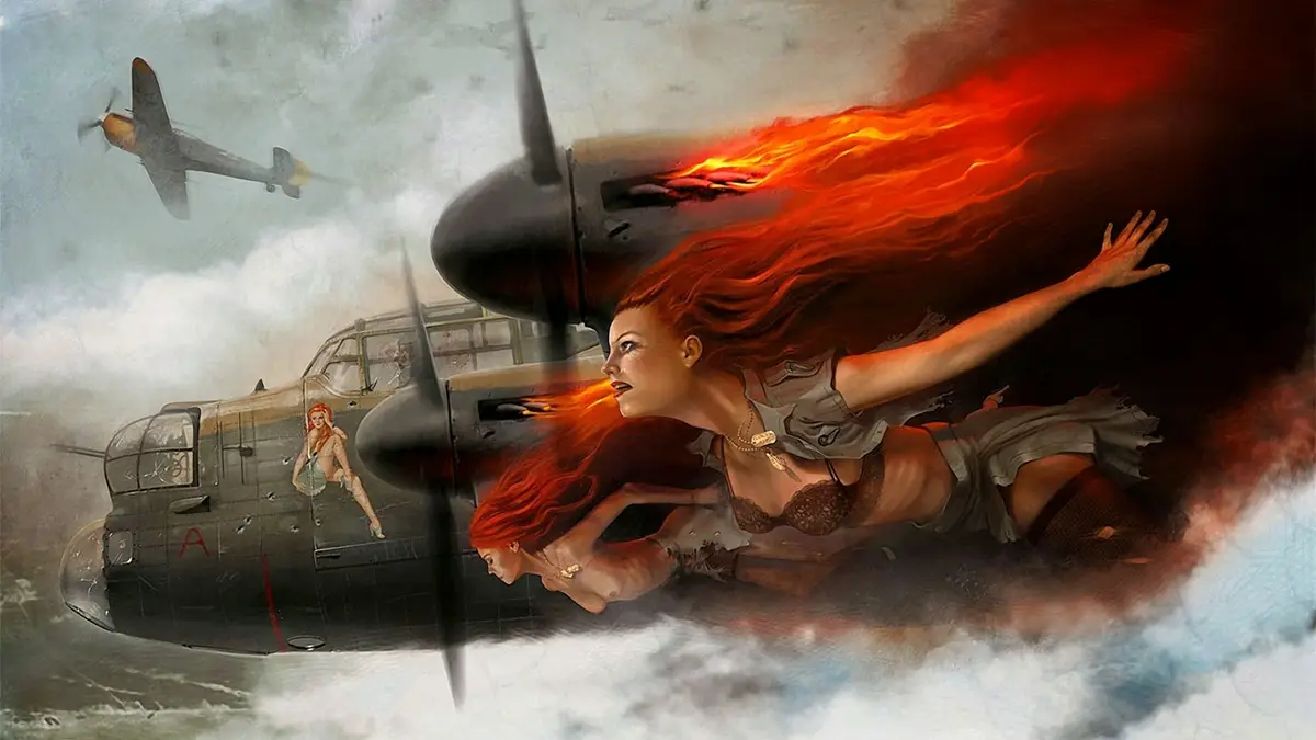 A fiery, red-haired woman in a torn outfit is shown flying out of a burning airplane, with flames trailing behind her…