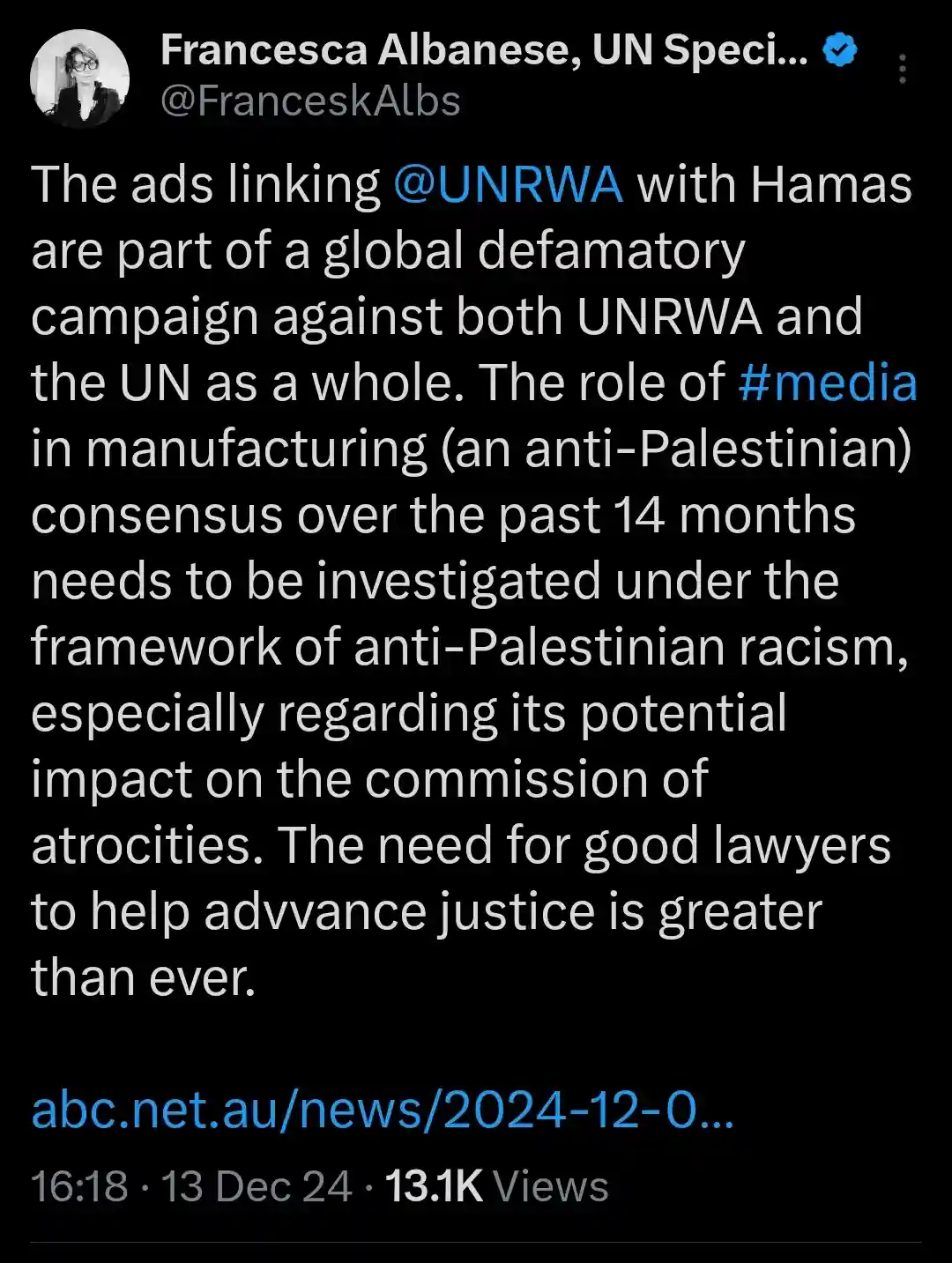 A screenshot of a tweet by Francesca Albanese, UN Special Envoy, criticizing media campaigns linking UNRWA with Hamas…