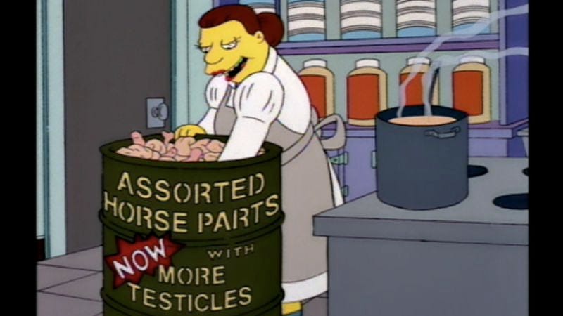 A cartoon woman in a chef's uniform stands beside a large green barrel labeled 'ASSORTED HORSE PARTS WITH NOW MORE…