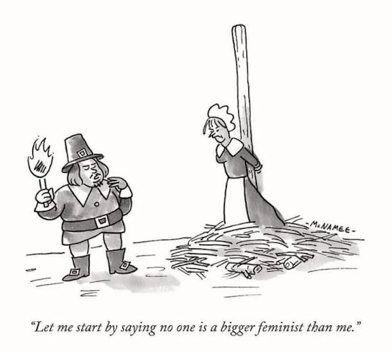 A black-and-white cartoon depicts a man in a pilgrim hat holding a flaming torch, looking smugly at a woman in colonial…