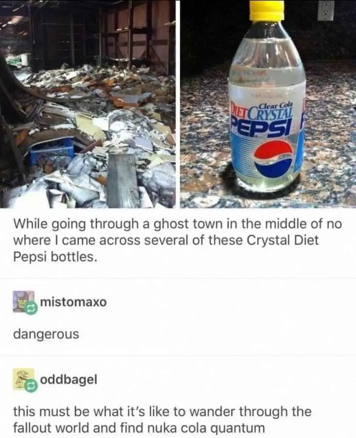 The image is a split-screen meme. The left panel shows a dilapidated, debris-strewn interior of a building, resembling a…