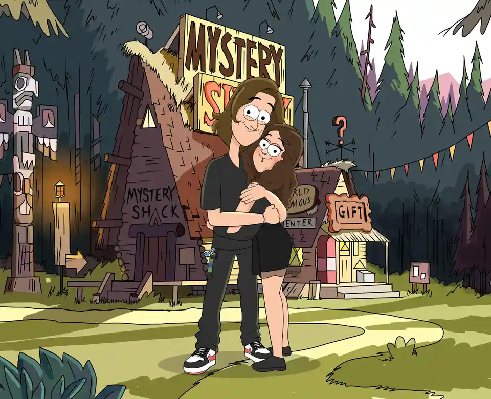Two cartoon characters, a man and a woman, are hugging in front of the 'Mystery Shack' from the animated series 'Gravity…