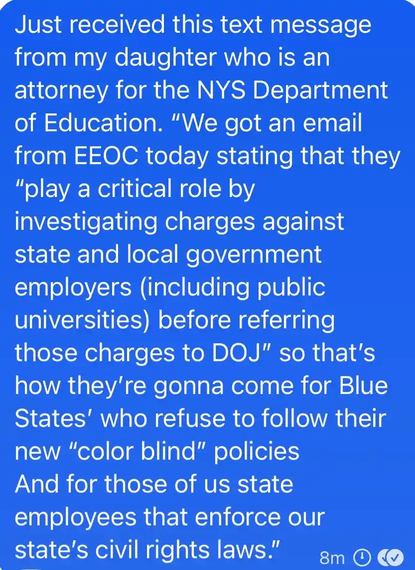 A blue text message screenshot with white text, showing a message received 8 minutes ago from a daughter who is an attorney…