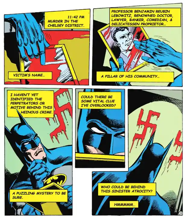 A comic book panel shows Batman investigating a murder, examining a framed portrait of the victim, Professor Benjamin Reubin…